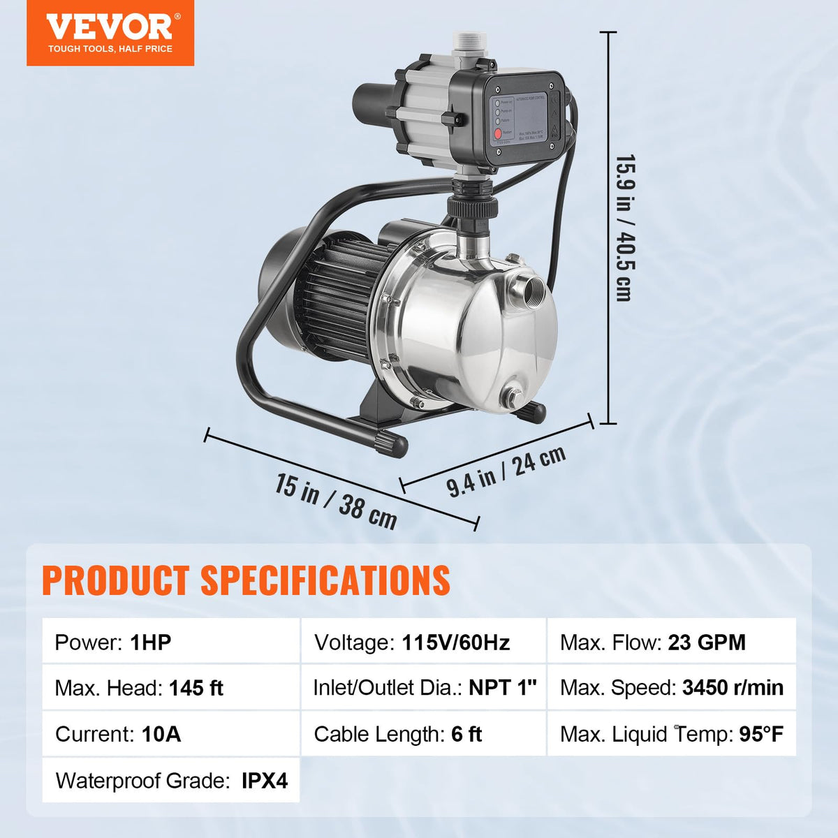 VEVOR Bomba de pozo poco profundo portátil de 1 CV, bomba de chorro de jardín de 1380 GPH con driver automático, bombas de refuerzo de aspersor de acero inoxidable de 150 pies, para sistema de riego