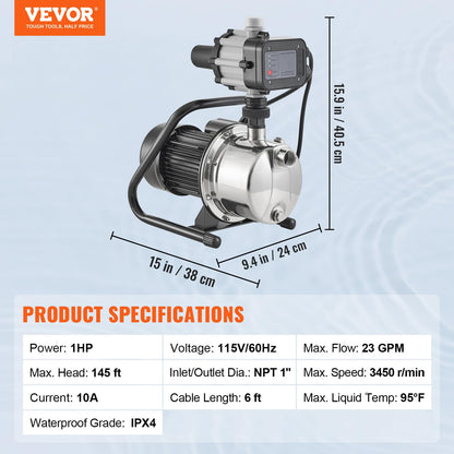 VEVOR Bomba de pozo poco profundo portátil de 1 CV, bomba de chorro de jardín de 1380 GPH con driver automático, bombas de refuerzo de aspersor de acero inoxidable de 150 pies, para sistema de riego