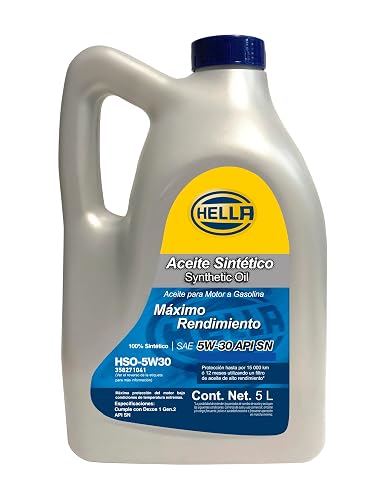 HELLA - ACEITE 100% SINTÉTICO PARA MOTOR A GASOLINA 5W30, GARRAFA DE 5 LITROS. NÚMERO DE PARTE : HSO-5W30 358271041