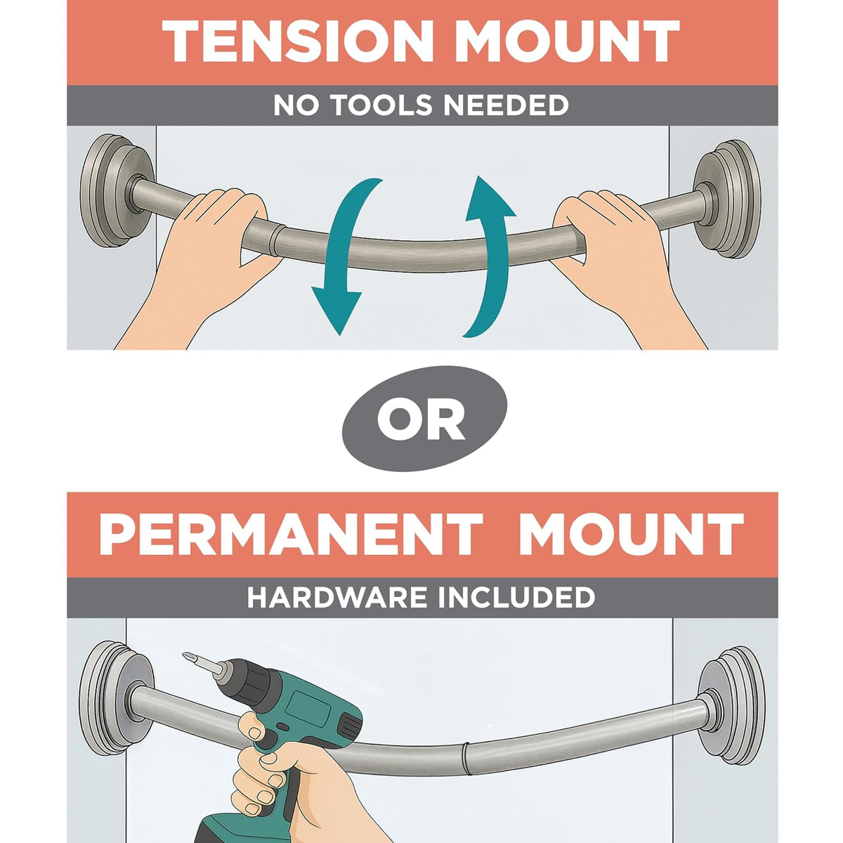 Zenna Home Barra de cortina de ducha curvada a prueba de óxido, sin tensión de taladro ni montaje permanente, barra de ducha curvada ajustable para baño, fácil instalación, redondeada para habitación