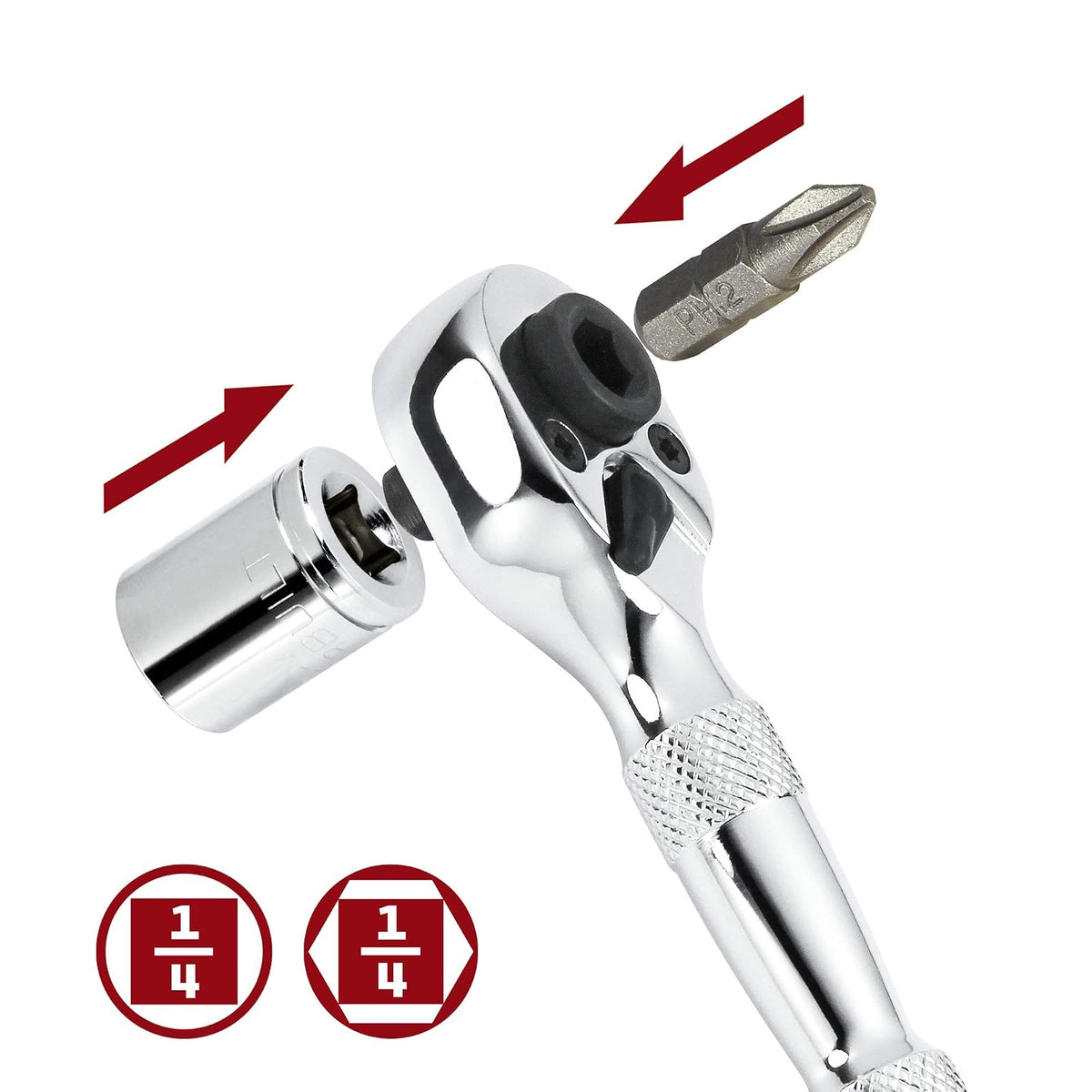 Powerbuilt Trinquete Stubby, mini llave de trinquete de 1/4 pulgadas, reversible de 72 dientes, espacios reducidos, liberación rápida - 940478