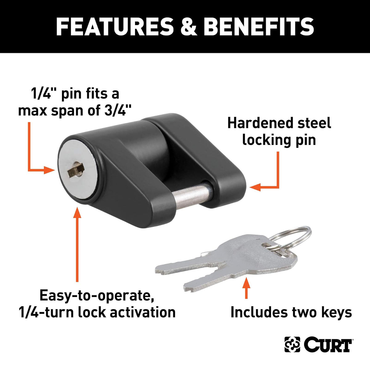 CURT 23521 Black Trailer Tongue Coupler Lock 1/4-Inch Pin Diameter, Up to 3/4-Inch Coupler Span