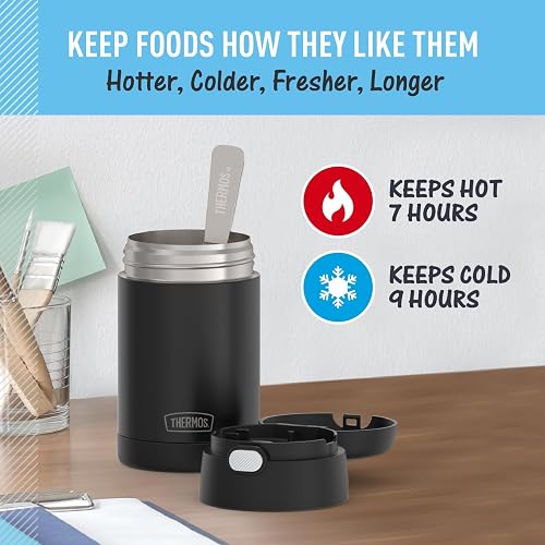 THERMOS FUNTAINER - Tarro aislado para alimentos, 16 onzas, termo apto para niños, con cuchara plegable, carbón mate