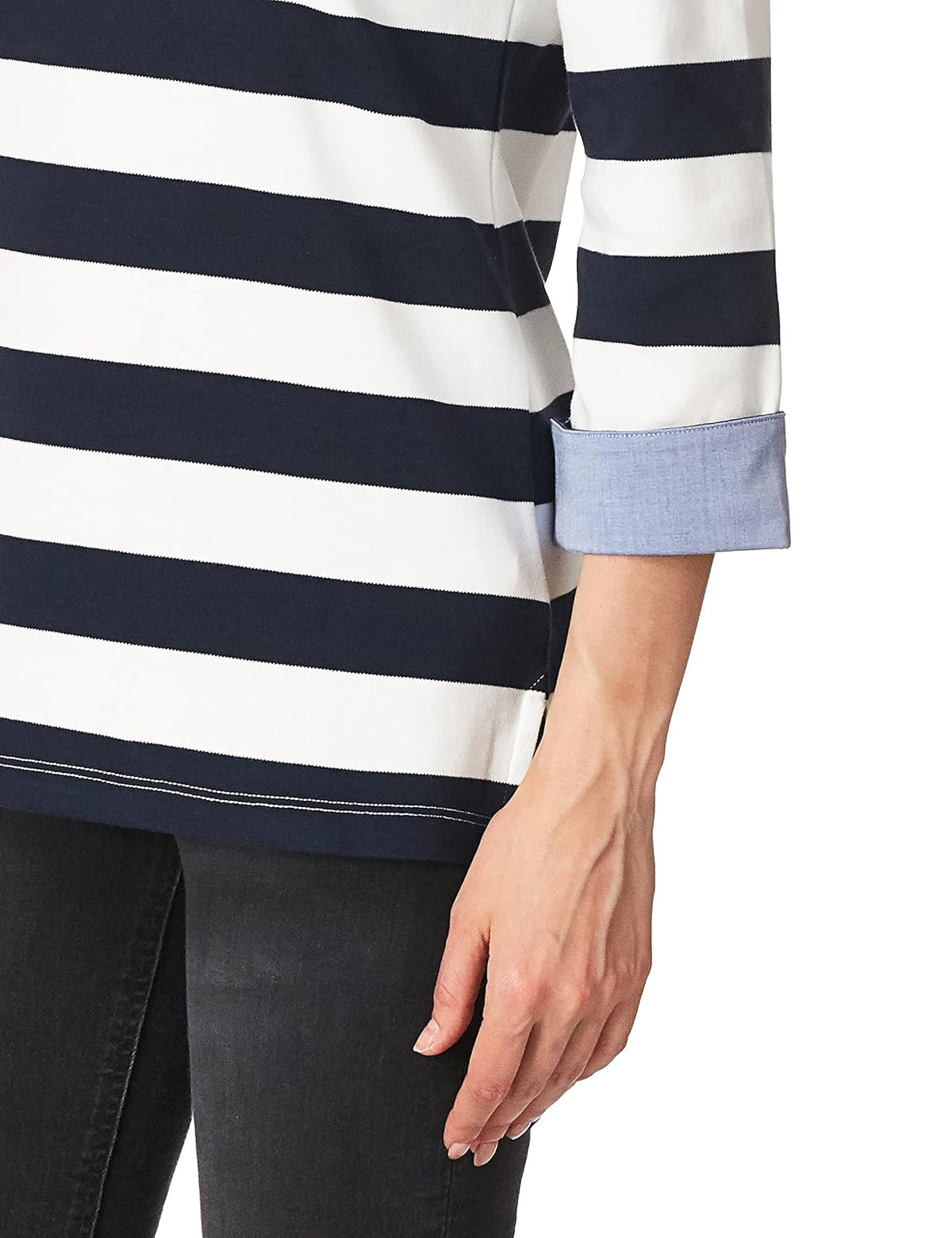 Nautica Playera de Manga 3/4 con Cuello de Barco de Rayas y sólidos, 100% algodón Camisa para Mujer