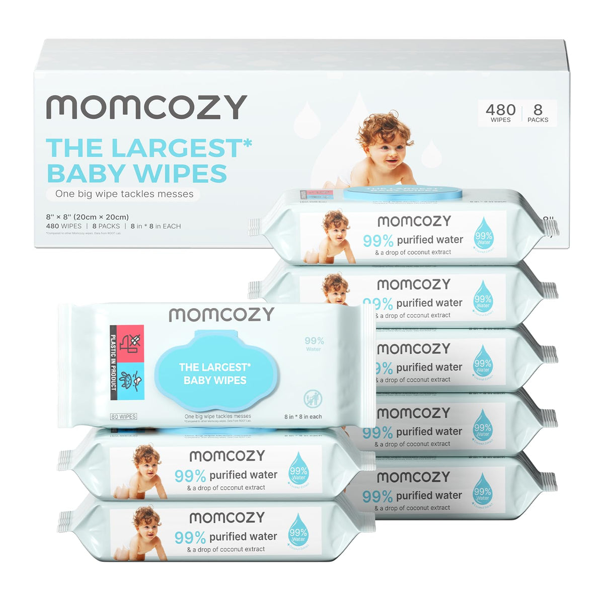 Momcozy - Toallitas de bebé de tamaño extragrande, 99% a base de agua, sin perfume e hipoalergénico, toallitas limpiadoras e hidratantes para piel sensible, 8 paquetes de tapa abatible (480 toallitas