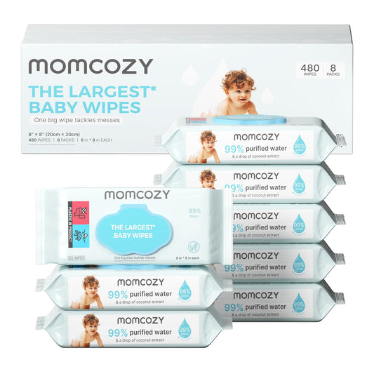 Momcozy - Toallitas de bebé de tamaño extragrande, 99% a base de agua, sin perfume e hipoalergénico, toallitas limpiadoras e hidratantes para piel sensible, 8 paquetes de tapa abatible (480 toallitas