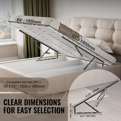 VEVOR Elevador de Cama, Tamaño de Cama Compatible 150 x 180 cm, Capacidad de Carga 70 kg, para Bricolaje, Palanca Neumática Vertical de Lujo, para Habitación de Invitados, 1080 x 750 x 45 mm, Negro