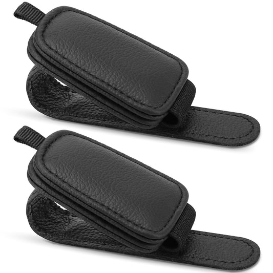 Tecfino - Soporte de anteojos de sol para visera de automóvil, paquete de 2 clips magnéticos de piel para visera de automóvil, soporte para anteojos de automóvil y clip para tarjeta de boletos, soporte para anteojos para accesorios de visera de automóvil (negro)