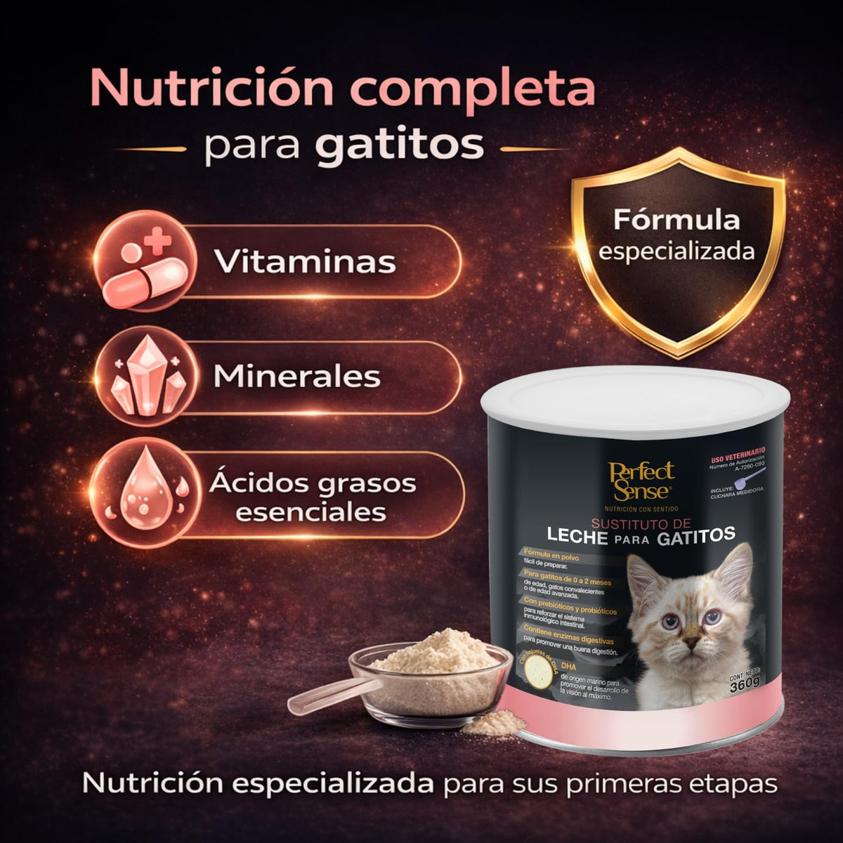 Perfect Sense Sustituto de Leche para Gatitos 360 g con Prebióticos, Probióticos, Enzimas Digestivas y DHA de Origen Marino