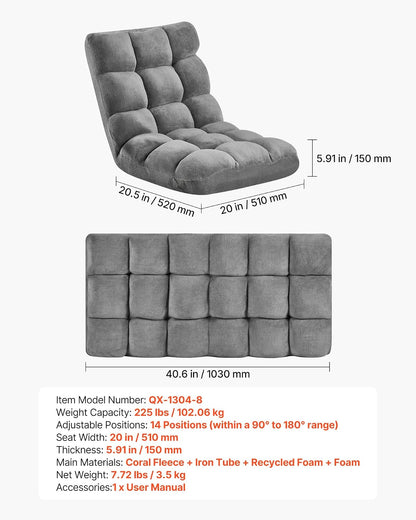 VEVOR Sillón de Suelo Relax, Sillón Reclinable con Respaldo Ajustable en 14 Posiciones, Acolchado de Espuma, Marco Metálico y Tapizado de Forro Polar Coral, para Lectura Descanso Juego, Color Gris
