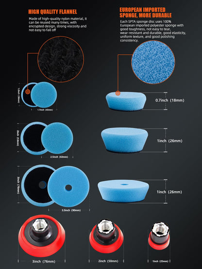 SPTA - Kit de detalles de coche: almohadillas para orejas de pulido de 25 mm, 50 mm y 80 mm, cera para preservar y pulir, aplicador de pulido