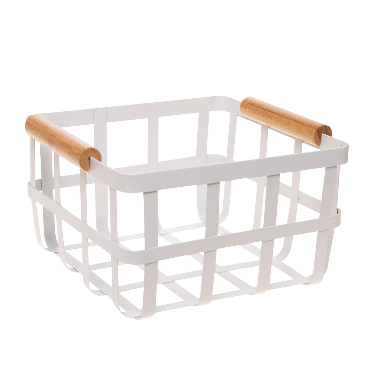 Simplify - Cesta Cuadrada de Metal con Asas de bambú, tamaño Mediano, Cesta de Alambre Estilo Granja | Organizador del hogar, Decorativo, rústico, Blanco