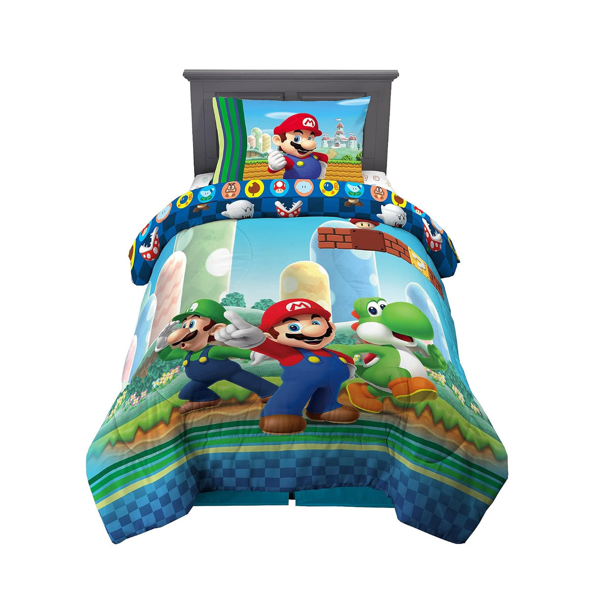 Franco Juego de edredón y sábanas súper Suaves para niños, 4 Piezas, tamaño Individual, Mario