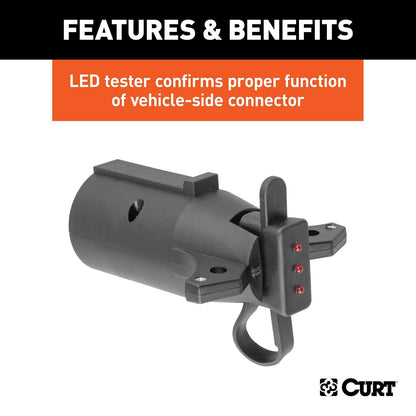 Curt 57245 Adaptador de Cableado de Remolque Plano de 7 Vías con Probador Negro