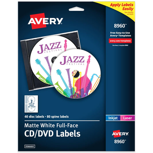AVERY Etiquetas de CD Cara Completa Blancas Mate, 120 Etiquetas (8960)