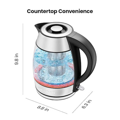 Chefman - Hervidor eléctrico de vidrio 1.8 L, 1500 W | Con infusor de té, función de mantener el calor, apagado automático y protección contra ebullición