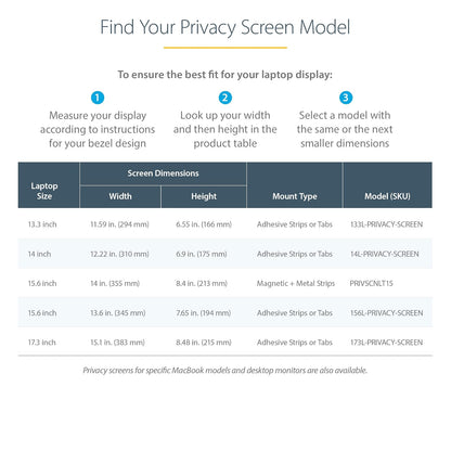 StarTech.com visualización de Privacidad para Portátil de 15" - Filtro de Seguridad Magnético Extraíble, Protector de visualización para Portátil - 16:9 - Mate/Brillante - +/-30 Grados (PRIVSCNLT15)