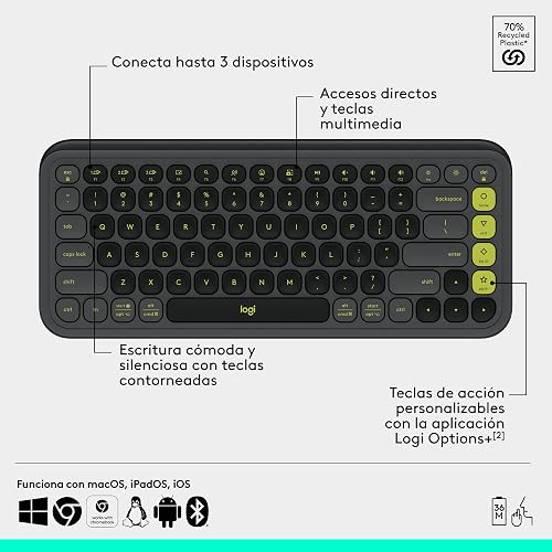 Logitech Pop Icon Combo, combinación de Teclado y Mouse Bluetooth, Escritura cómoda, Teclas y Botones programables, clics discretos, Easy-Switch hasta para 3 Dispositivos - Grafito