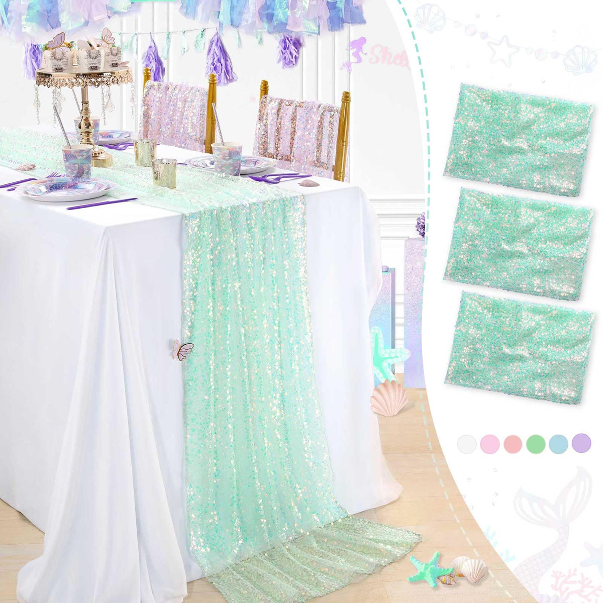 QueenDream Camino de Mesa Verde, 3 Unidades, Iridiscente Brillante, 25 x 120 Pulgadas, decoración de Fiesta de cumpleaños con temática de Sirena