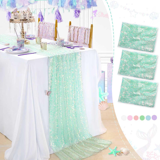 QueenDream Camino de Mesa Verde, 3 Unidades, Iridiscente Brillante, 25 x 120 Pulgadas, decoración de Fiesta de cumpleaños con temática de Sirena