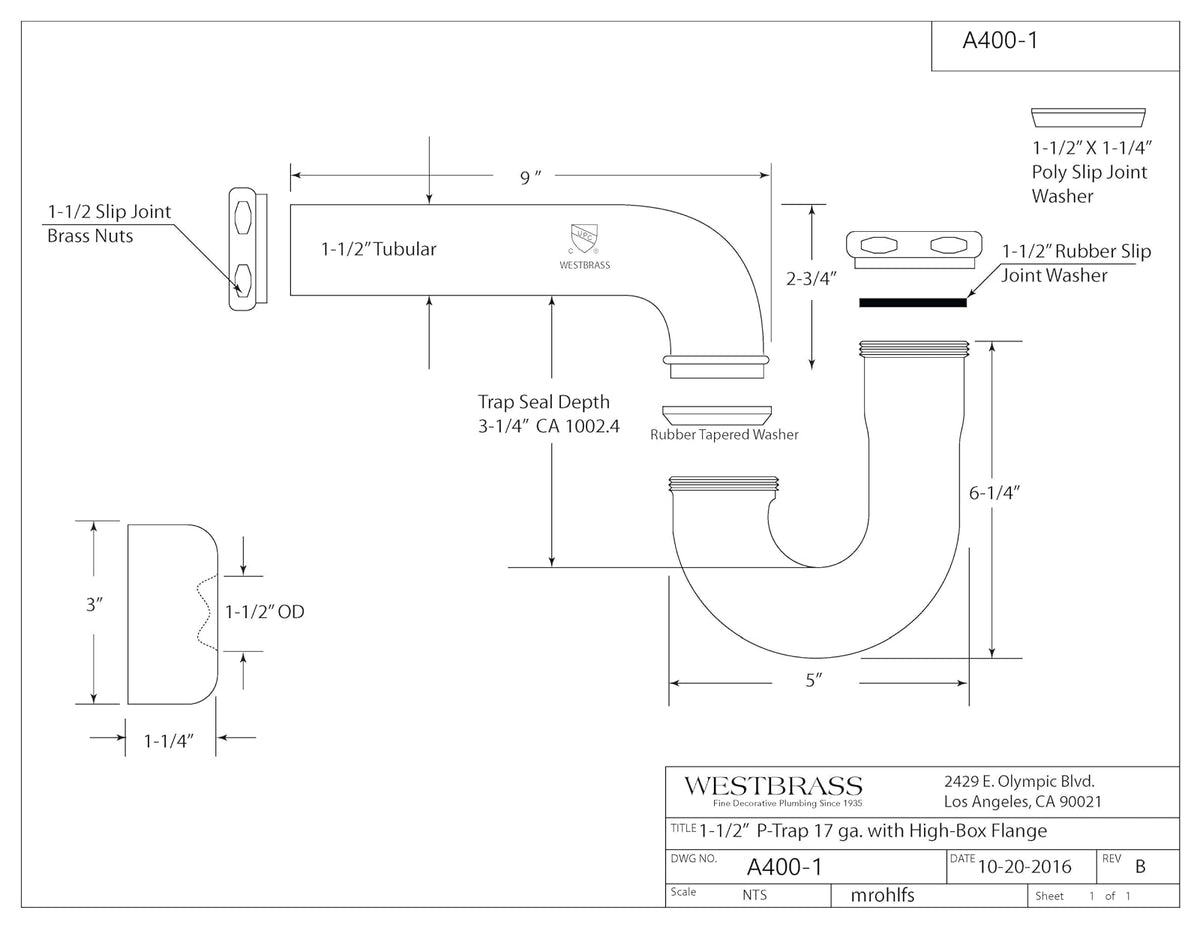 Westbrass A400-1-26 - Trampa en P de calibre 17 de 1-1/2 pulgadas OD con brida de caja alta, cromo pulido