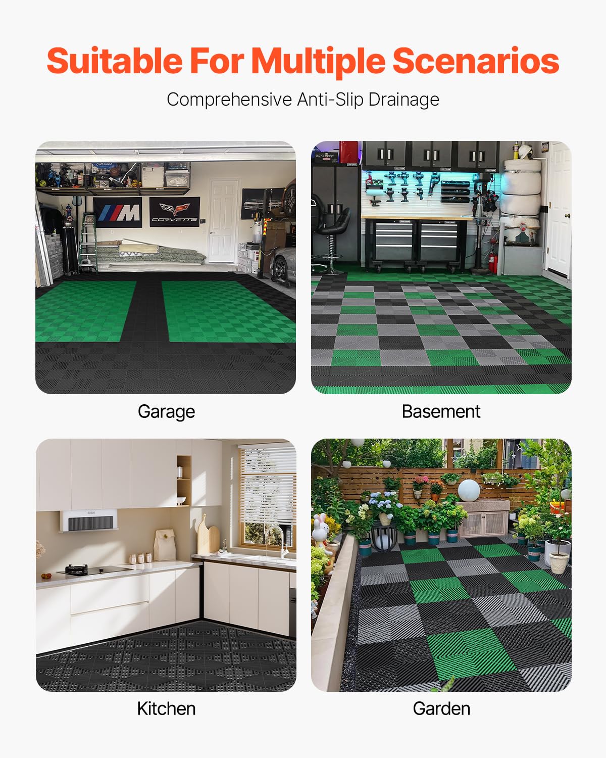 VEVOR Alfombrilla de Drenaje Entrelazada de 310 x 310 x 15,1 mm, 12 Alfombrillas de Drenaje Entrelazadas, Alfombrilla de Drenaje de Polipropileno Antideslizante para Suelo, Baño, Garaje, Jardín, Negro