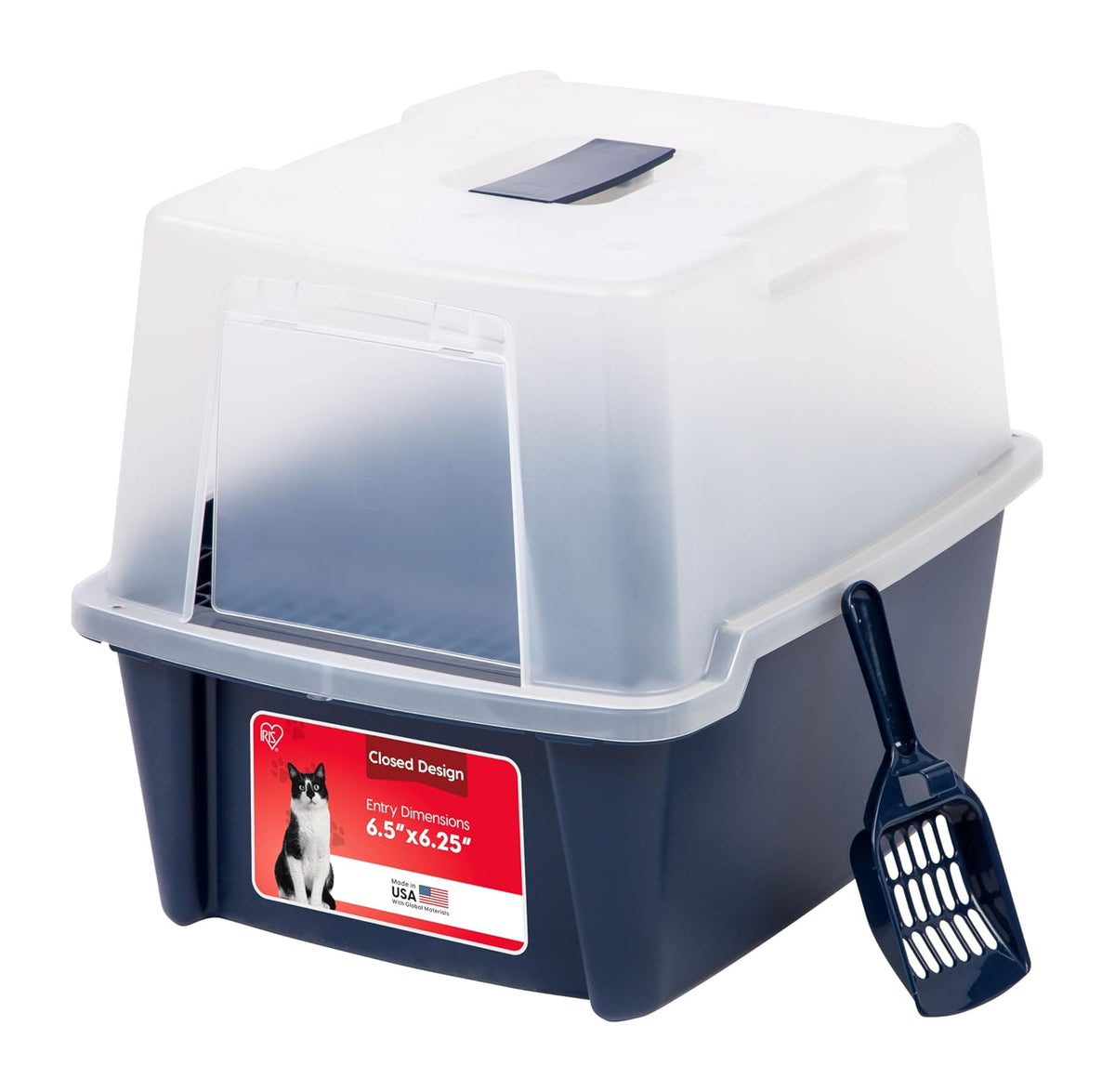 IRIS USA Arenero Cubierto para Gato con Puerta Frontal y Pala, Azul | Reduce la dispersión de arena, puerta frontal para privacidad, incluye pala, resistente a manchas, limpieza sencilla
