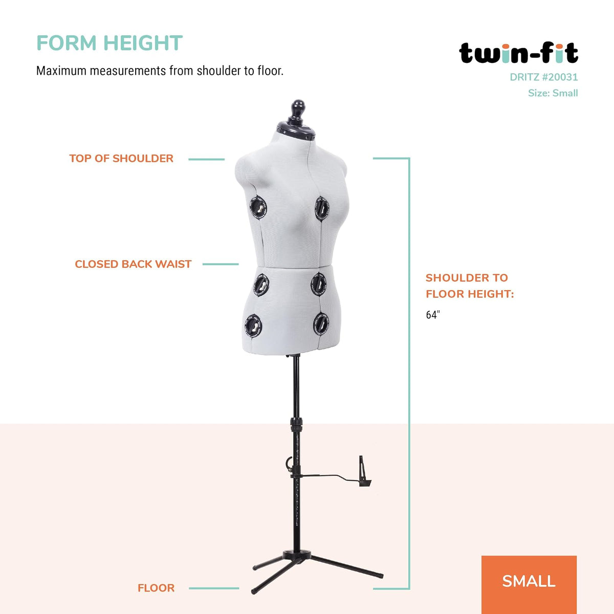 Dritz - Vestido ajustable de doble ajuste, talla S, tallas 4-10, maniquí de costura femenino con torso corporal pinnable, 13 esferas para un ajuste preciso y guía de dobladillo 360