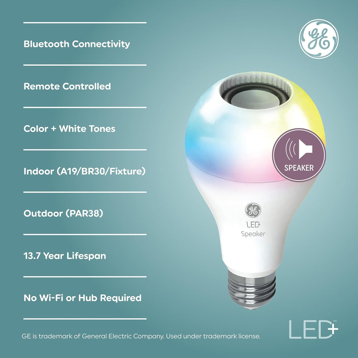 GE LED+ - foco LED para altavoz que cambia de color con mando a distancia, luz diurna y multicolor, foco estándar A21 (paquete de 1)