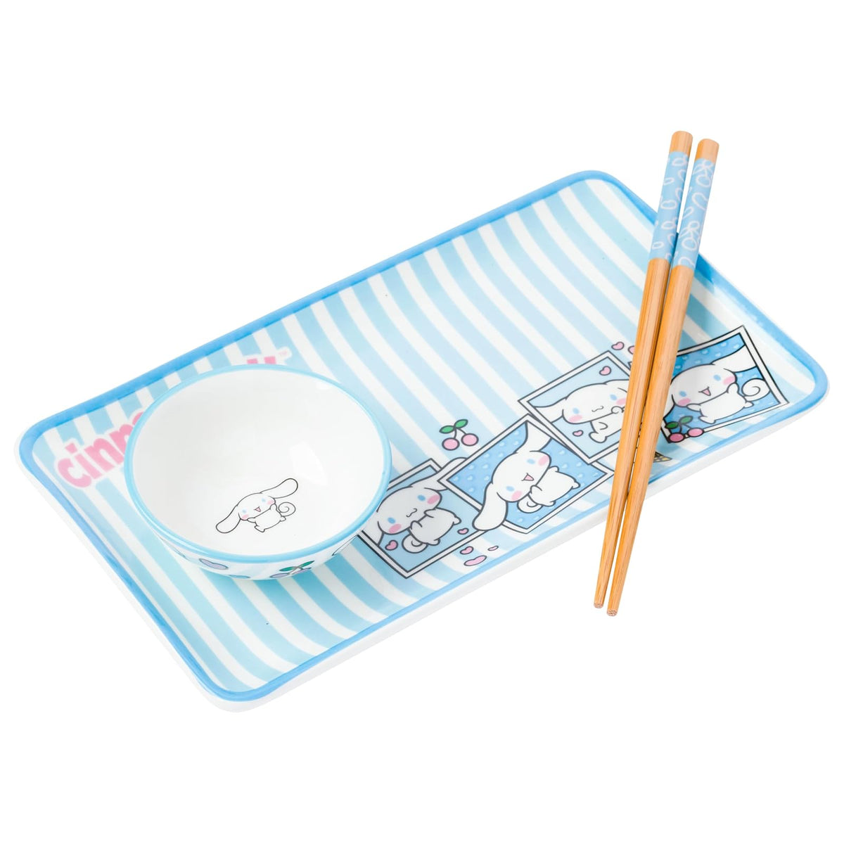 Silver Buffalo Sanrio Hello Kitty and Friends Cinnamoroll Polaroids - Juego de sushi de cerámica con rayas azules y blancas con plato de salsa y palillos a juego