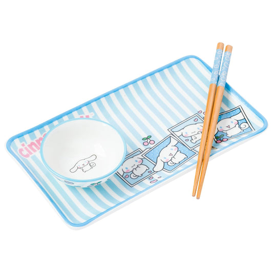 Silver Buffalo Sanrio Hello Kitty and Friends Cinnamoroll Polaroids - Juego de sushi de cerámica con rayas azules y blancas con plato de salsa y palillos a juego