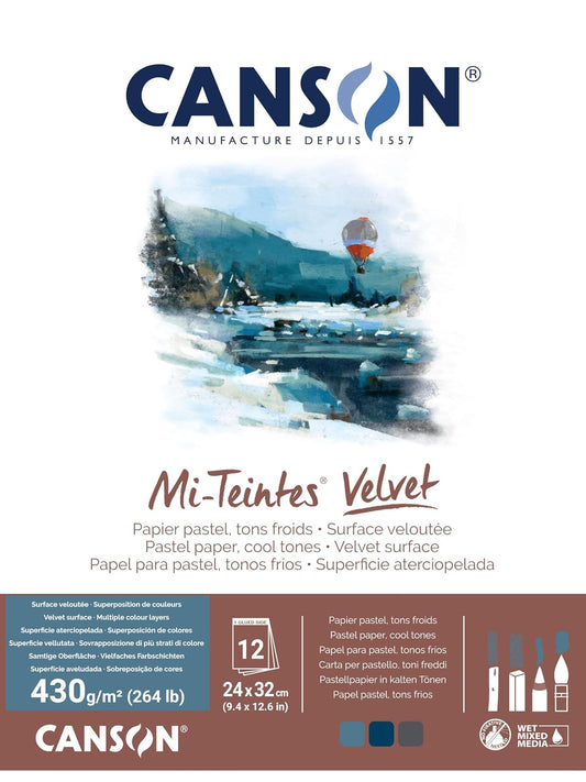 CANSON Mi-Teintes Terciopelo, papel de tarta, superficie aterciopelada, 430 g/m², almohadilla pegada en el lado corto, 24 x 32 cm, 3 tonos fríos, 12 hojas