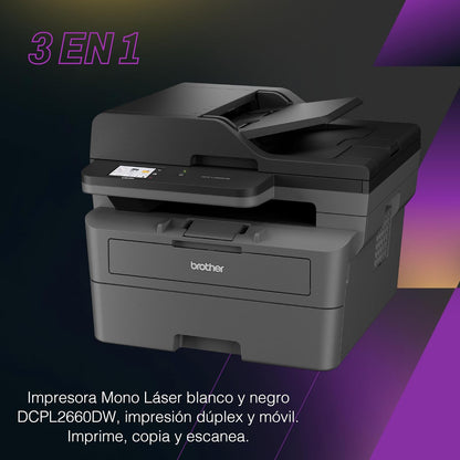 Brother Multifuncional Láser Monocromática DCP-L2660DW Dúlpex con Wi-Fi | Impresión, copiado y escaneado, dúplex, conectividad inalámbrica, impresión blanco y negro, 36 págs. por minuto