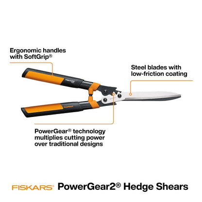 Fiskars - Tijeras de setos de 23 pulgadas, cortadora de arbustos con tecnología PowerGear2 que multiplica la potencia para menos esfuerzo, asas SoftGrip con parachoques que absorben los golpes