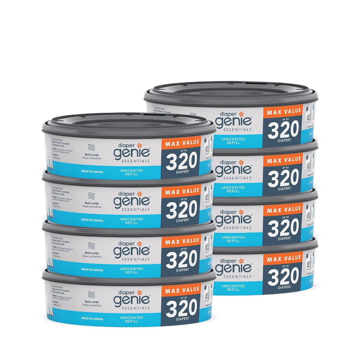 Recambio redondo Diaper Genie Essentials | Paquete de 8 | Capacidad de hasta 2560 pañales tamaño recién nacido