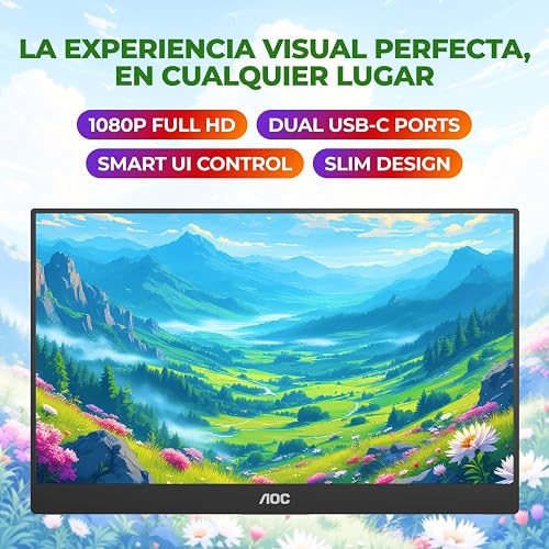 AOC Monitor Portátil 16T20, 15.6” FHD 1920x1080, Pantalla IPS, Bocinas Integradas, 2X USB Tipo C, 1x Mini HDMI, Funda Inteligente Premium, Compatible con Consolas de Videojuegos.