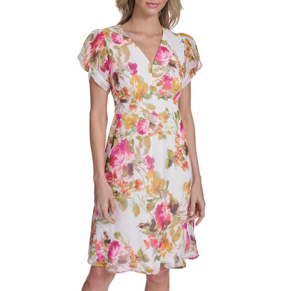 Calvin Klein Puff Sleeve V Neck Chiffon A-Line Short Dress Vestido Mujer