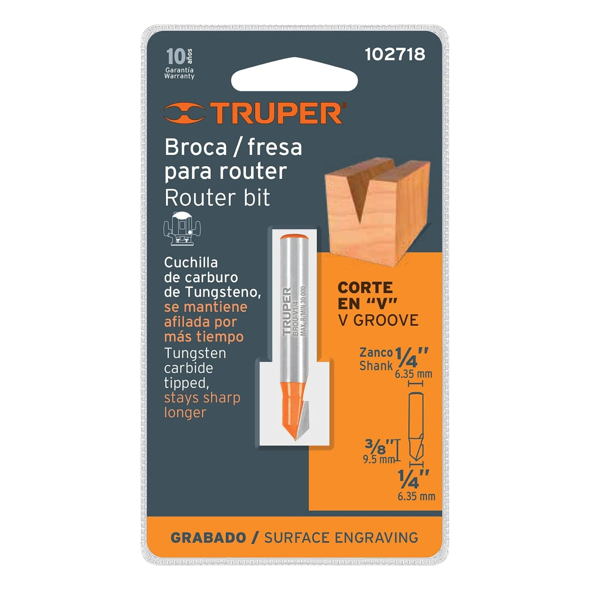 Truper BROU-V1/4, Broca para router, corte en "V" de 1/4"