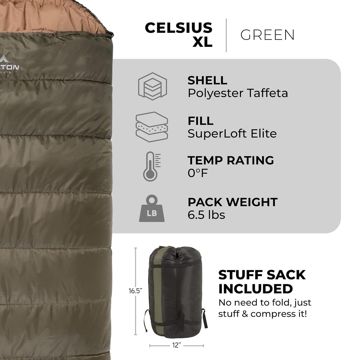 TETON Sports Celsius XL -18 Degree C / 0 Degree F Flannel Lined Sleeping Bag (90” x 36”) - Bolsa de Dormir Forrada con Franela (2.28 m x 91 cm)