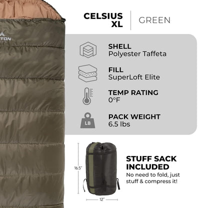 TETON Sports Celsius XL -18 Degree C / 0 Degree F Flannel Lined Sleeping Bag (90” x 36”) - Bolsa de Dormir Forrada con Franela (2.28 m x 91 cm)