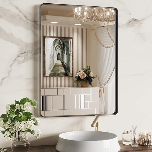 WEER Espejo de baño Negro de 22 x 30 Pulgadas, Rectangular Redondeado, Negro Mate, Espejo de Cambiador de baño, Espejo con Marco de Metal Negro para Pared, Vidrio Templado, antioxidante, cuelga