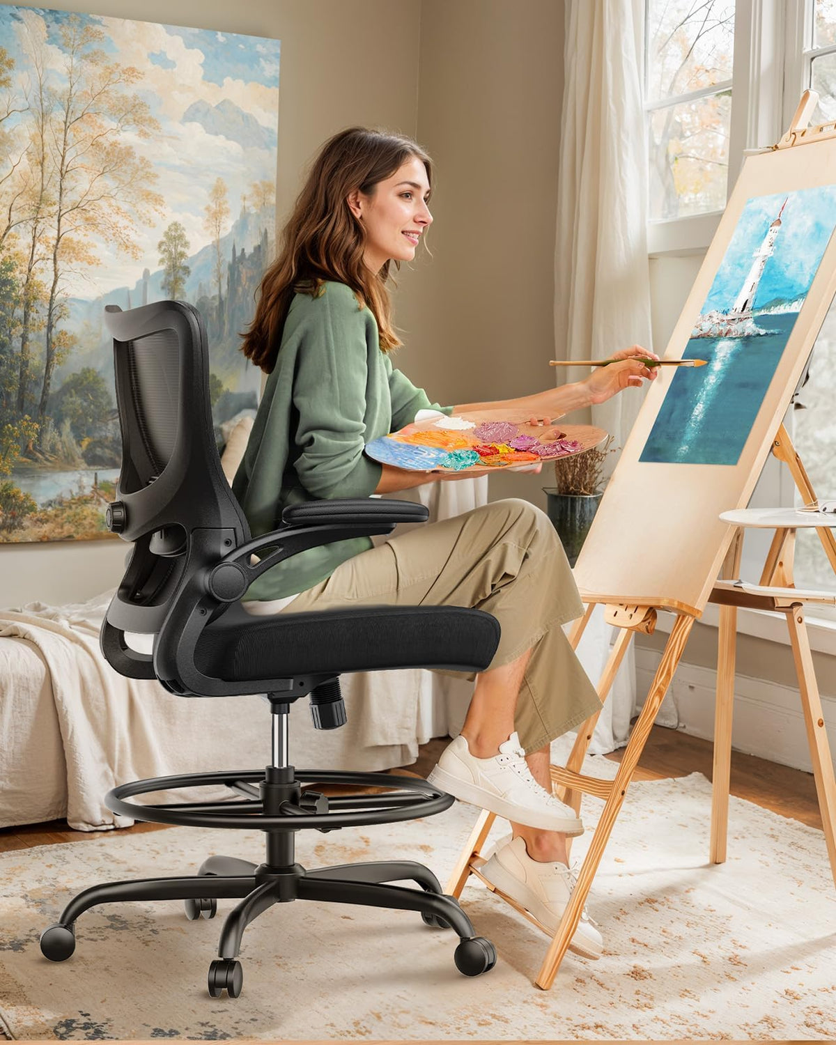 Marsail - Silla de dibujo, silla de oficina alta con soporte lumbar 2D, silla de computadora de pie, silla de oficina alta con reposabrazos abatibles acolchados y anillo de reposapiés ajustable, color