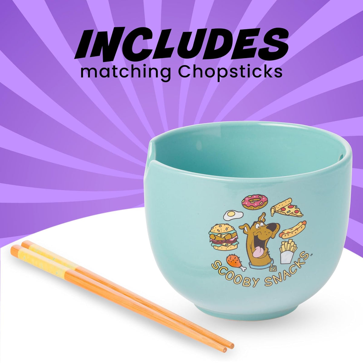 Silver Buffalo Scooby-Doo Scooby Snacks - tazón de arroz de cerámica con palillos, apto para microondas, 20 onzas