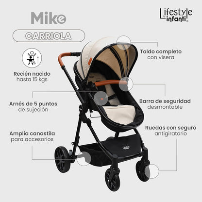 INFANTI | Carriola para Bebe MIKE | Carreola con Portabebé -Travel System con Asiento Reversible | Hasta 15 kg | Color Beige
