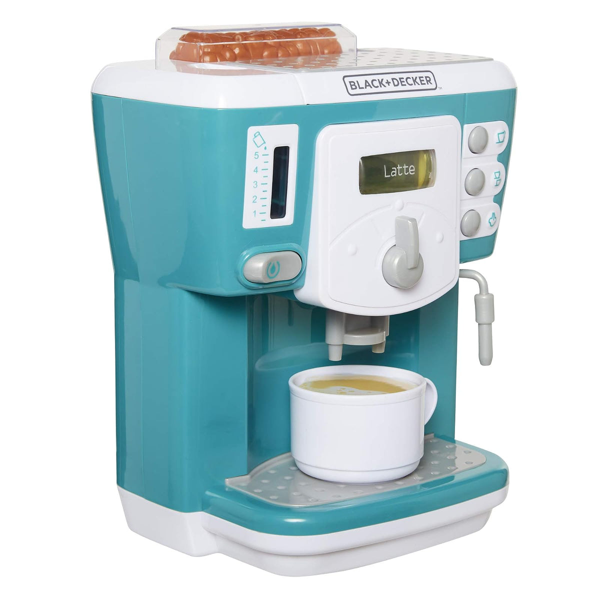 BLACK+DECKER Junior Coffee Maker Role Play Pretend Kitchen Appliance for Kids with Realistic Action, Light and Sound - Plus Toy Coffee Mug for Imaginary Brewing Fun