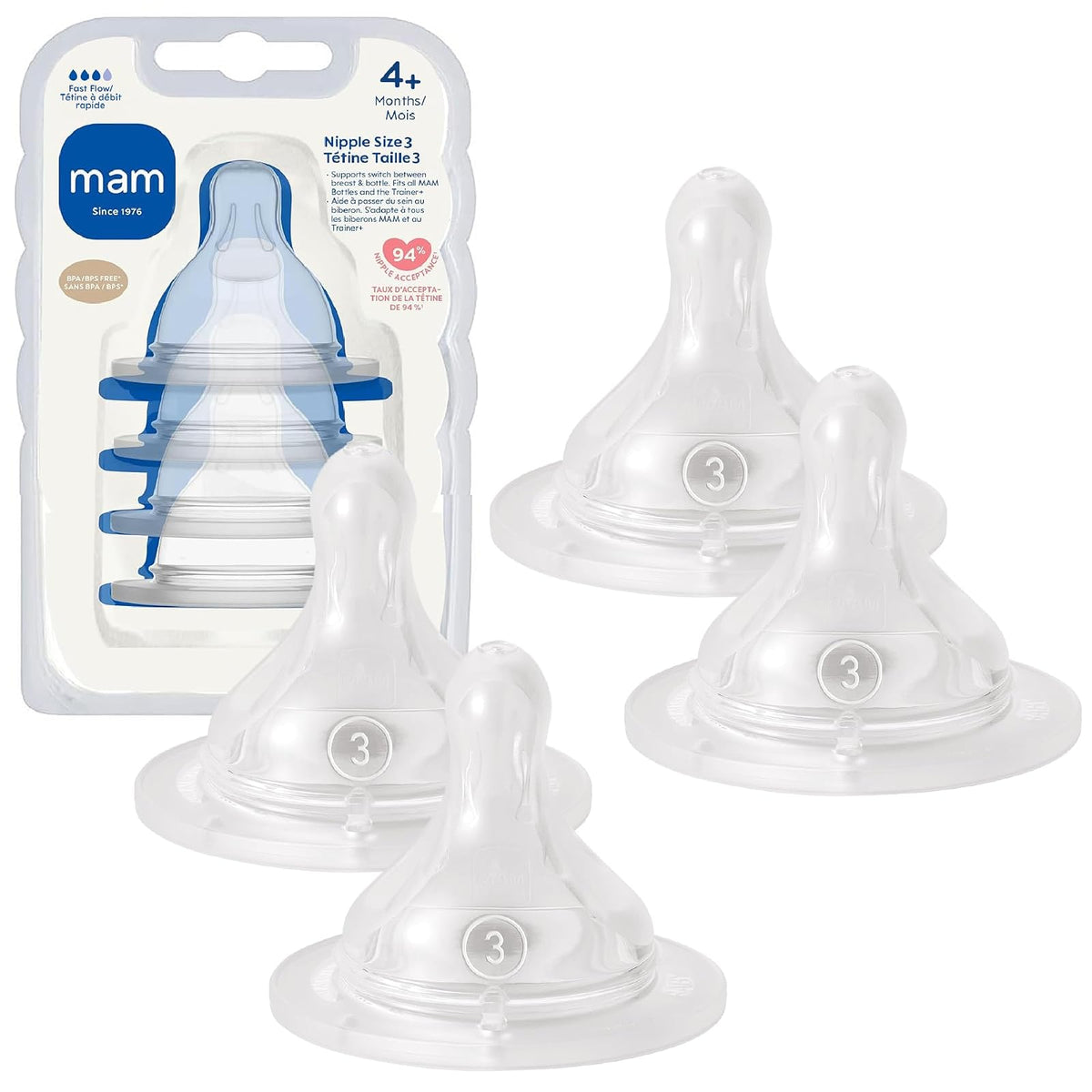 MAM Pezones de Silicona SkinSoft, Sin BPA, Paquete de 4 - Flujo rápido, paquete de 4
