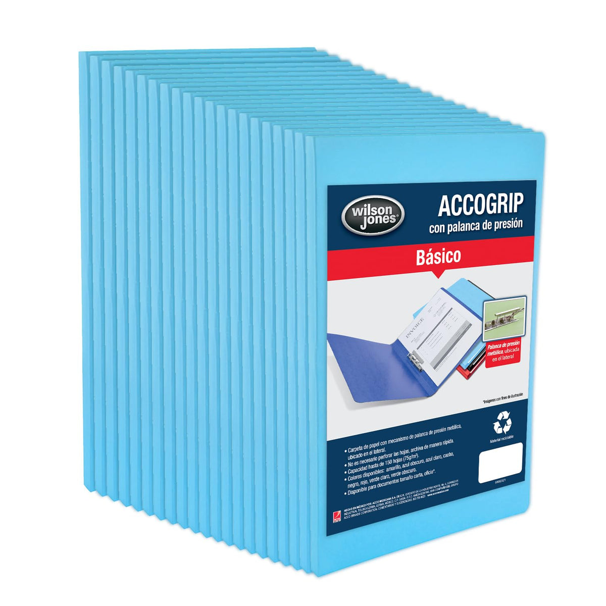 Wilson Jones / Carpeta con Mecanismo de Palanca Accopress&Accogrip Foldera. Oficio p/ 150 Hojas. Azul Claro 48 pzas. P0976