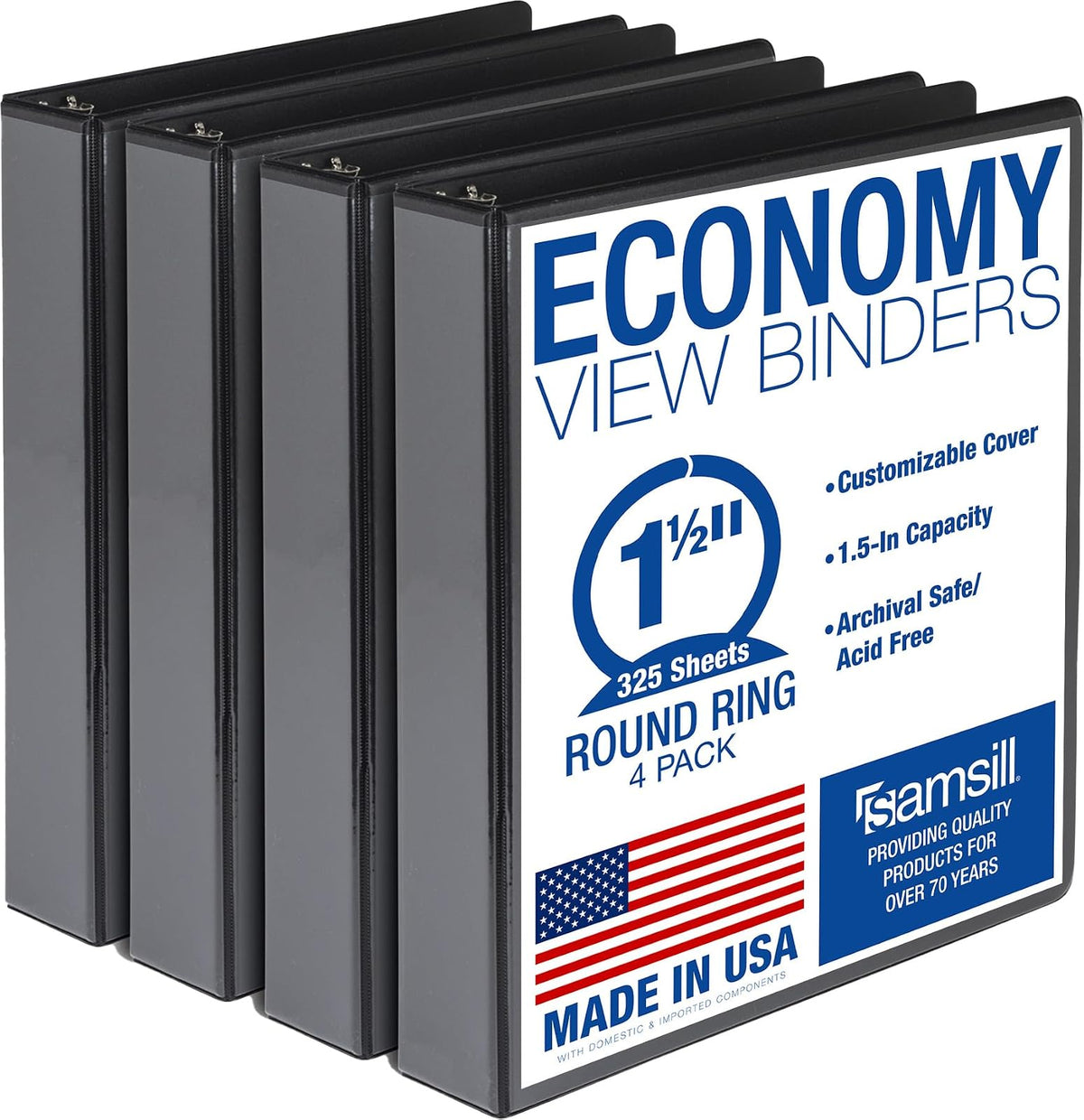 Samsill Carpeta de 3 anillas de 1.5 pulgadas, fabricada en Estados Unidos, anillo redondo económico, cubierta de visión transparente, capacidad de 325 hojas, para escuela, hogar, oficina, negro,