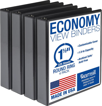 Samsill Carpeta de 3 anillas de 1.5 pulgadas, fabricada en Estados Unidos, anillo redondo económico, cubierta de visión transparente, capacidad de 325 hojas, para escuela, hogar, oficina, negro,
