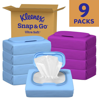 Kleenex Pa?os Faciales Ultra Suaves Snap & Go | 9 Paquetes para Llevar, 25 Pa?os por Paquete, 3 Capas, El Embalaje Puede Variar